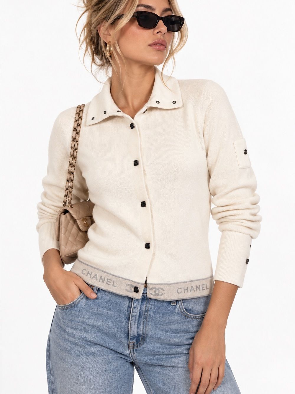 CHANEL Ivory CC Logo Button-Up Sweater IT34